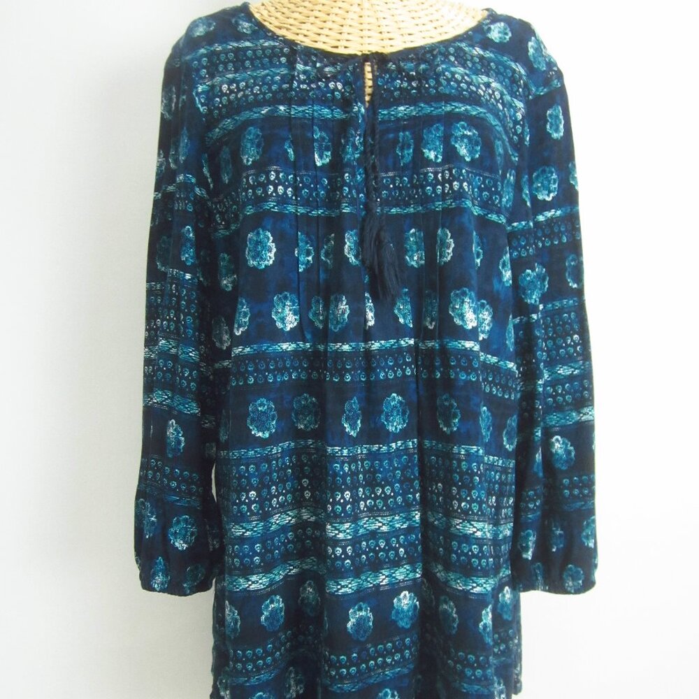 Sonoma Womens Large Teal Blue Floral LS Tunic Pinch Pleated Shirt Rayon Tassles